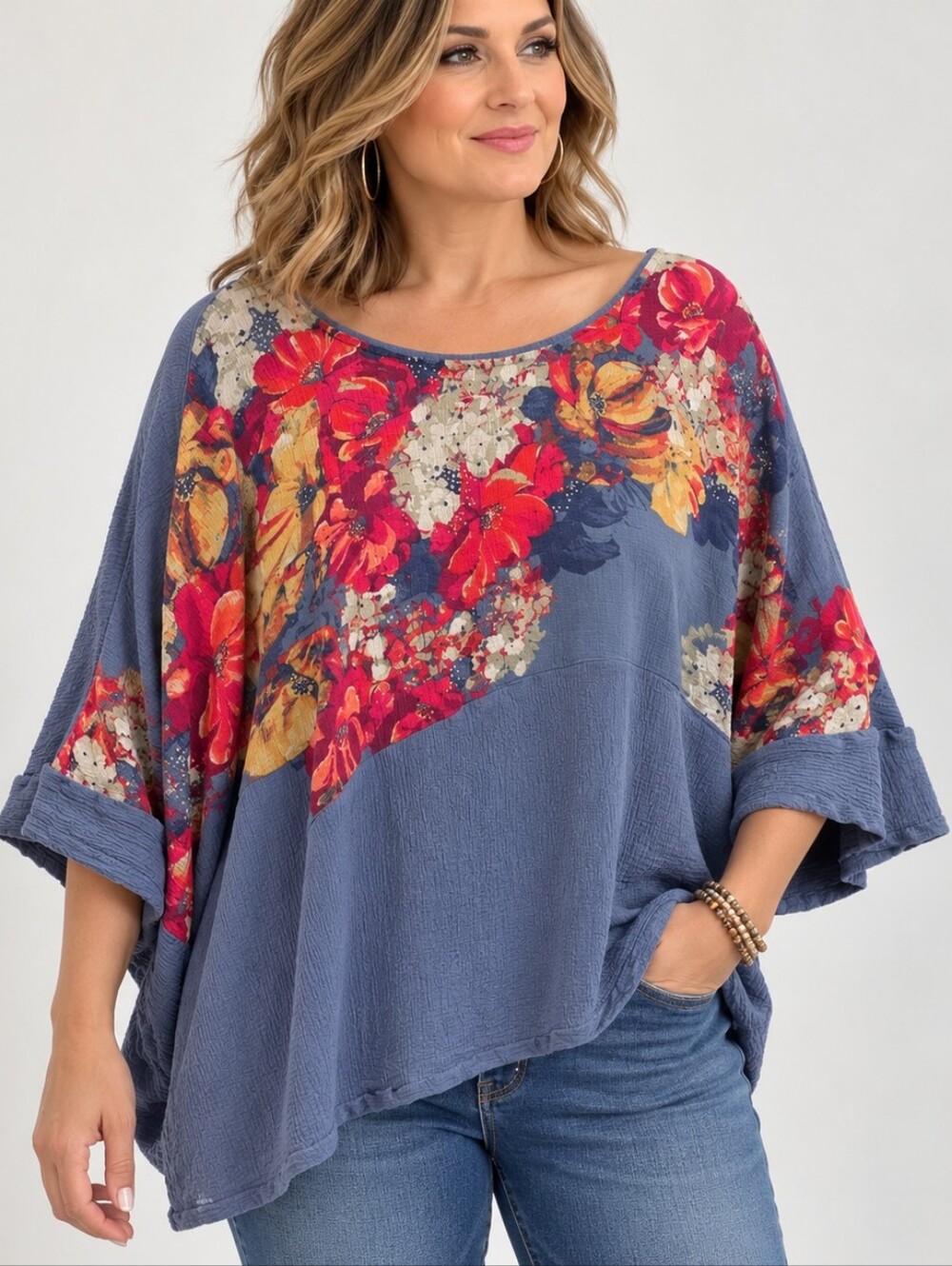Ruby Rd Blue Floral Oversized Boho Tunic Top Artsy Relaxed Fit